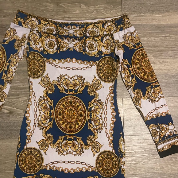 Va Va Voom royal gold link off shoulder bodycon dress size large - Picture 2 of 13